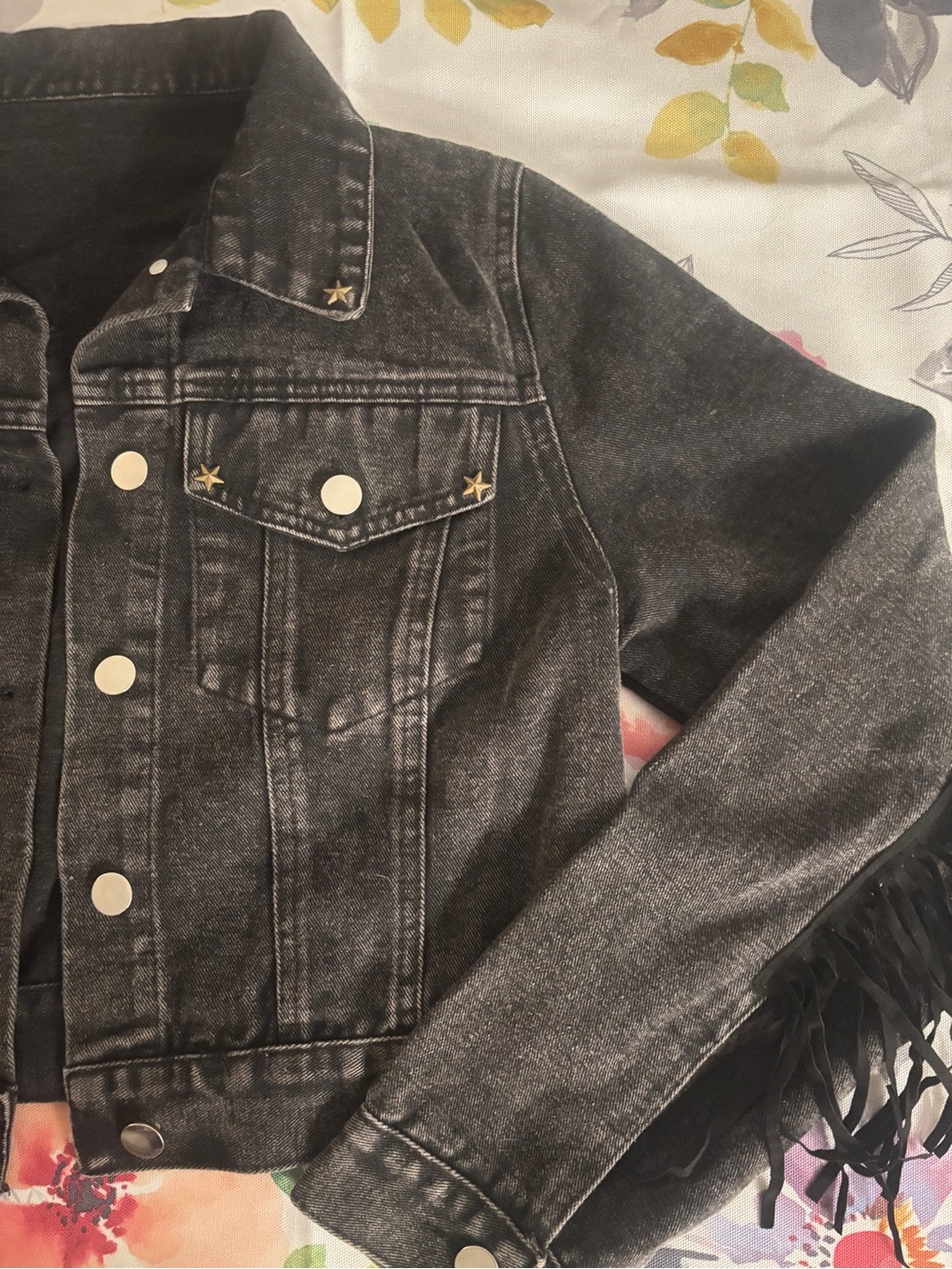 Black Washed Denim-Jean Jacket with Star Stud Details